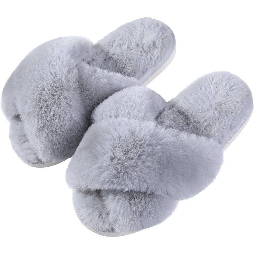 〽️Women's Gray Casual Classic Fuzzy Cross Band Memory Foam Open Toe Slippers